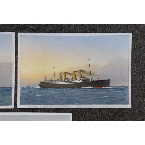 1749 - William Frederick Mitchell (1845-1914) set of three watercolours on card, Ocean Liners - Lusitania, ... 