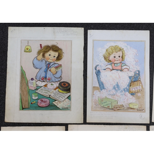 1751 - Phyllis Purser (1893-1990), set of six mid 20th century watercolours, Humorous children, original po... 