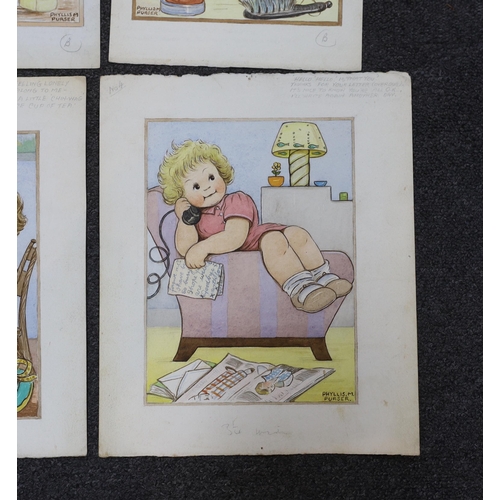 1751 - Phyllis Purser (1893-1990), set of six mid 20th century watercolours, Humorous children, original po... 