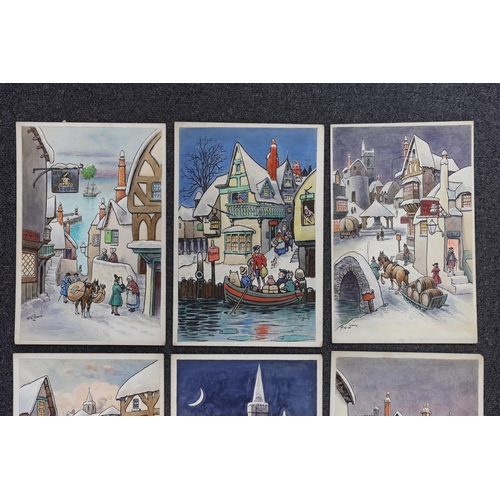 1753 - Frederick George Lewin (1861 - 1933) set of six watercolours, Regency style Christmas card scenes, s... 