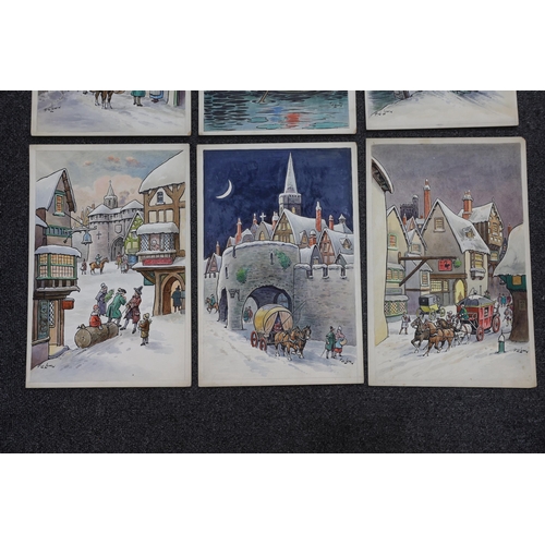 1753 - Frederick George Lewin (1861 - 1933) set of six watercolours, Regency style Christmas card scenes, s... 