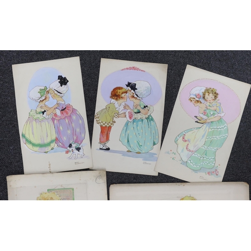 1755 - Agnes Richardson (1885-1951) five watercolours on card, Humorous children, original postcard designs... 