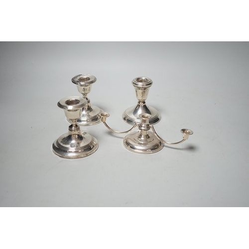 1805 - A pair of silver mounted dwarf candlesticks (a.f.), one other dwarf candlestick and a modern silver ... 