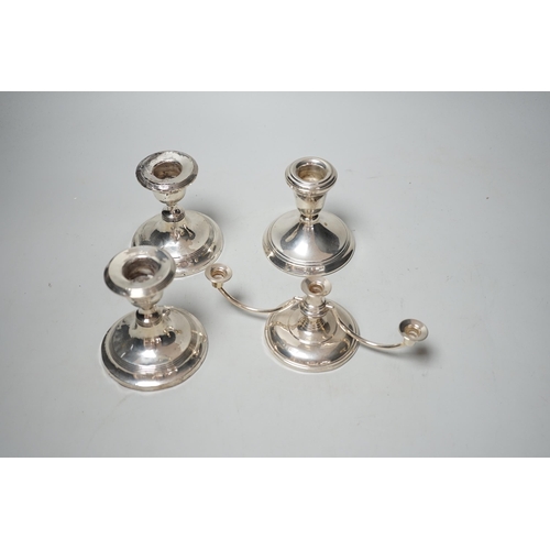 1805 - A pair of silver mounted dwarf candlesticks (a.f.), one other dwarf candlestick and a modern silver ... 