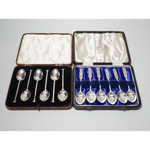 1807 - Two cased sets of six silver teaspoons including J.A. Restall Ltd, Birmingham, 1945, retailed by Lib... 