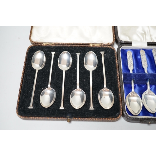 1807 - Two cased sets of six silver teaspoons including J.A. Restall Ltd, Birmingham, 1945, retailed by Lib... 