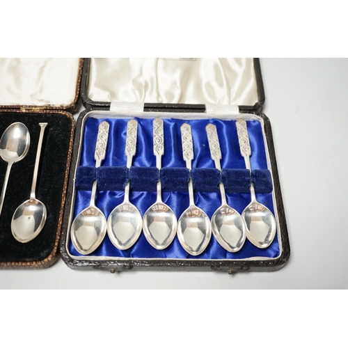 1807 - Two cased sets of six silver teaspoons including J.A. Restall Ltd, Birmingham, 1945, retailed by Lib... 