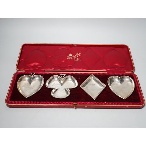 1818 - An Edwardian cased set of four novelty silver playing card suite shaped ashtrays, William Mammatt & ... 