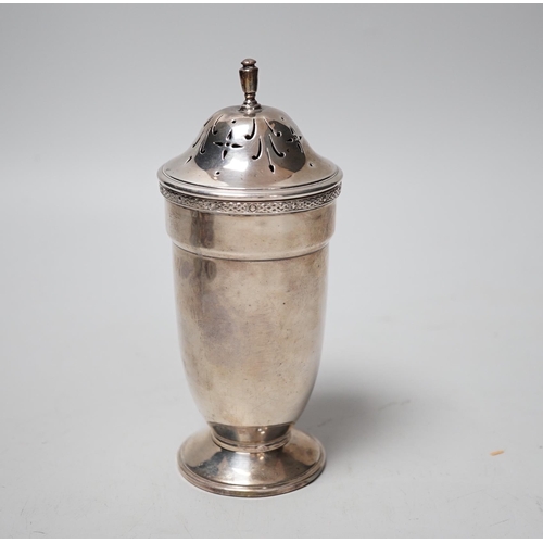 1830 - A George VI silver sugar caster, C.S. Green & Co, Birmingham, 1936, 15.2cm, 4.6oz.