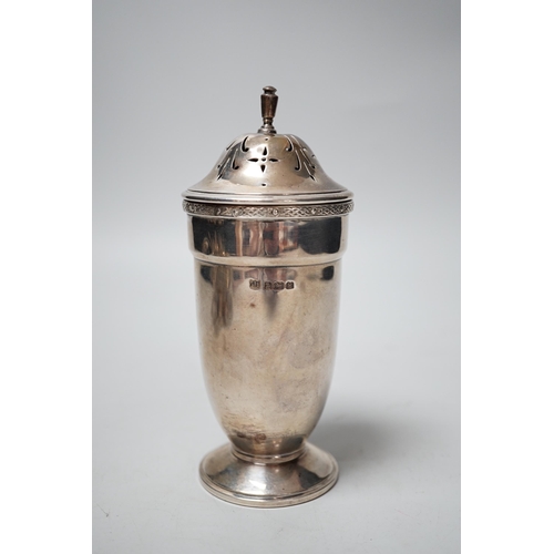 1830 - A George VI silver sugar caster, C.S. Green & Co, Birmingham, 1936, 15.2cm, 4.6oz.