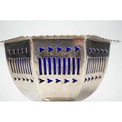 1832 - A George V pierced silver sugar bowl, with blue glass liner, Fergenbaum & Son, Birmingham, 1921, dia... 