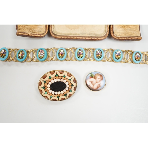 1888 - A Tassie style cased cameo, a micro-mosaic bracelet, a pietra dura brooch and a porcelain brooch.... 