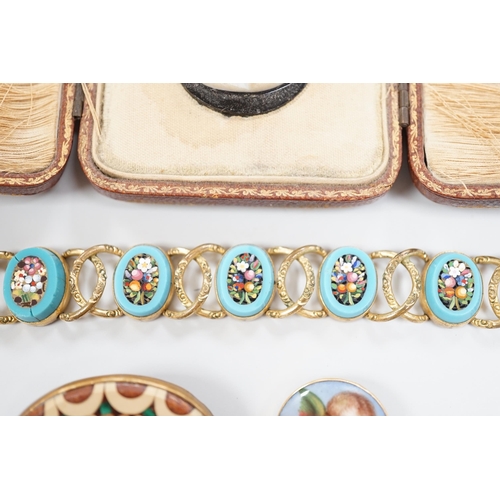 1888 - A Tassie style cased cameo, a micro-mosaic bracelet, a pietra dura brooch and a porcelain brooch.... 