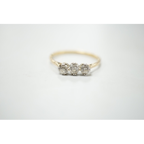 1895 - A yellow metal and three stone diamond set ring, size S/T, gross weight 2.1 grams.