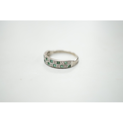 1896 - A modern 18ct white gold and two row emerald and diamond cluster set half hoop ring, size S, gross w... 