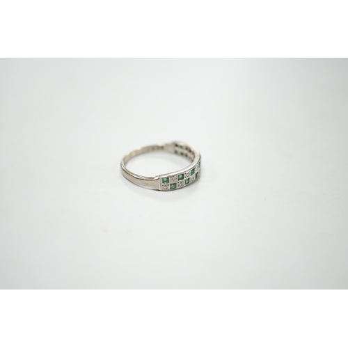 1896 - A modern 18ct white gold and two row emerald and diamond cluster set half hoop ring, size S, gross w... 