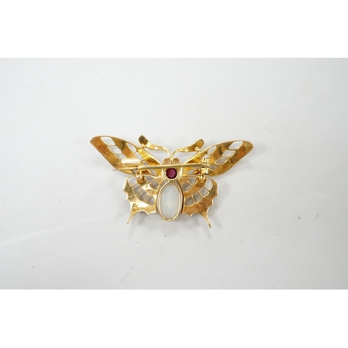 1905 - A yellow metal ruby, white opal and seed pearl cluster set bug brooch, width 48mm, gross weight 7 gr... 