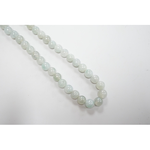 1906 - A single strand jadeite bead necklace, with 18k clasp, 43cm, gross weight 58.7 grams, with accompany... 