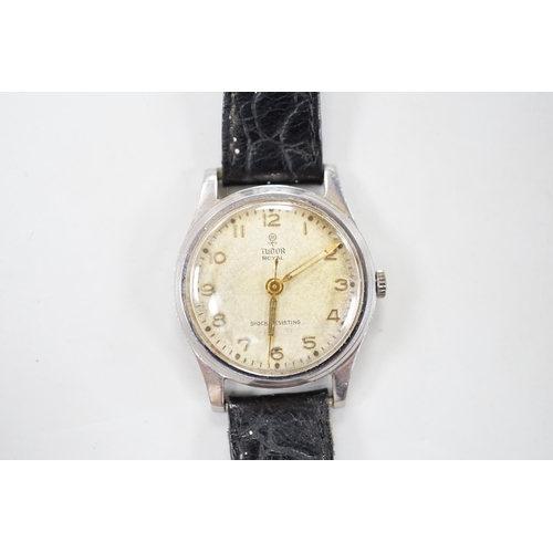 1907 - A gentleman's stainless steel Tudor Royal manual wind wrist watch, on associated leather strap, case... 