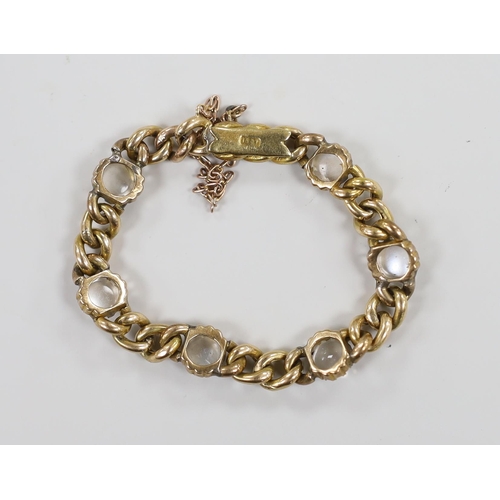 1912 - An Edwardian 15ct gold and six stone cabochon moonstone set child's curb link bracelet, 12cm, gross ... 