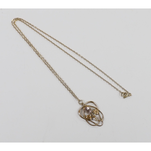 1914 - An Edwardian Art Nouveau 9ct and gem set pendant, on a 9ct chain, overall 52cm, gross weight 3.1 gra... 