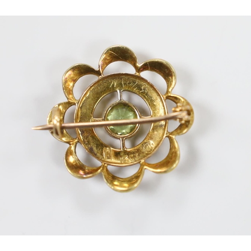 1926 - A late Victorian 15ct  peridot and seed pearl set cluster brooch, 21mm, gross weight 3 grams.