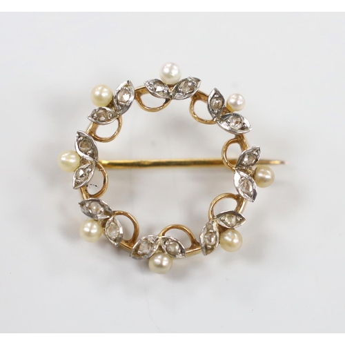 1927 - A late 19th century French yellow metal (18ct poincon mark), seed pearl and rose cut diamond set ope... 