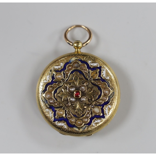 1943 - A lady's early 20th century continental 18k, two colour enamel and gem set open faced fob watch, wit... 