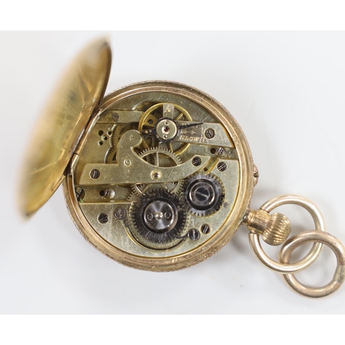 1944 - An early 20th century continental engraved 14k fob watch, with Roman dial, case diameter 29mm, gross... 