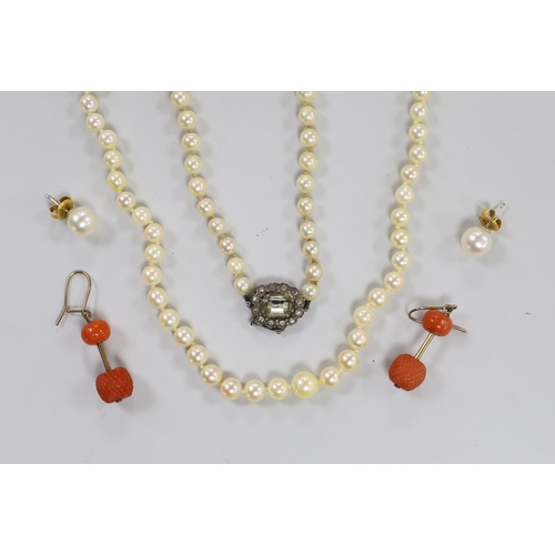 1947 - Sundry jewellery including two single strand graduated cultured pearl necklaces, a pair of coral dro... 