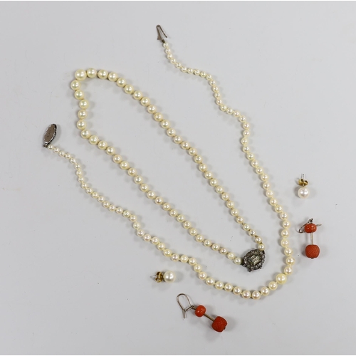 1947 - Sundry jewellery including two single strand graduated cultured pearl necklaces, a pair of coral dro... 