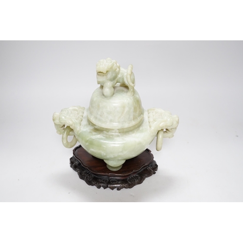 250 - A large Chinese bowenite jade censer and cover on carved hardwood stand, 21cm wide