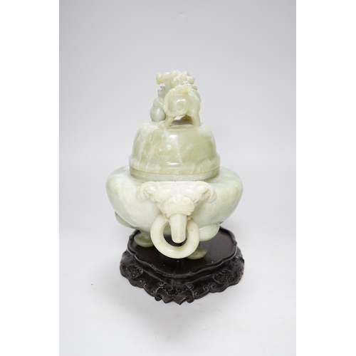 250 - A large Chinese bowenite jade censer and cover on carved hardwood stand, 21cm wide