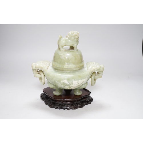 250 - A large Chinese bowenite jade censer and cover on carved hardwood stand, 21cm wide