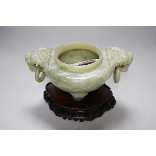 250 - A large Chinese bowenite jade censer and cover on carved hardwood stand, 21cm wide