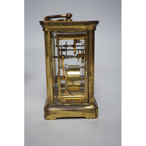 252 - Two carriage timepieces comprising a brass example and one green onyx mounted with quartz movement, ... 