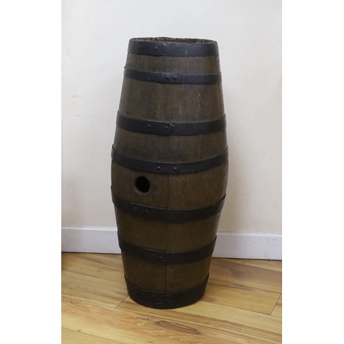 283 - A French iron bound wine barrel, 79cm high