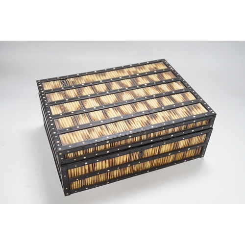 287 - A 19th Century Ceylonese ebony, porcupine quill and bone inlaid sewing box with contents including c... 