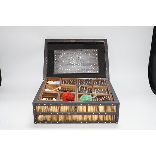 287 - A 19th Century Ceylonese ebony, porcupine quill and bone inlaid sewing box with contents including c... 