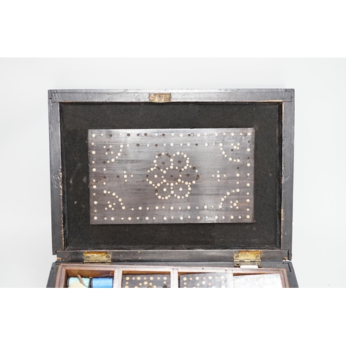 287 - A 19th Century Ceylonese ebony, porcupine quill and bone inlaid sewing box with contents including c... 