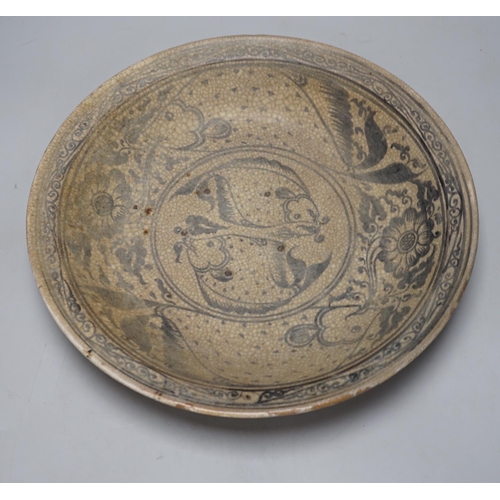 291 - A Sukhothai underglaze blue fish dish, 36cm in diameter