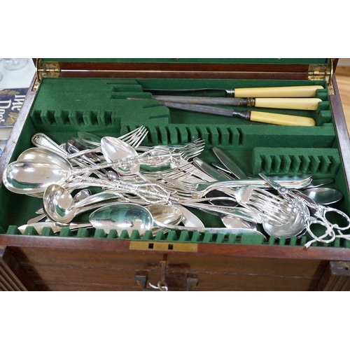 296 - A mahogany case of plated cutlery and part set of mother of pearl handled fruit eaters, largest 46cm... 