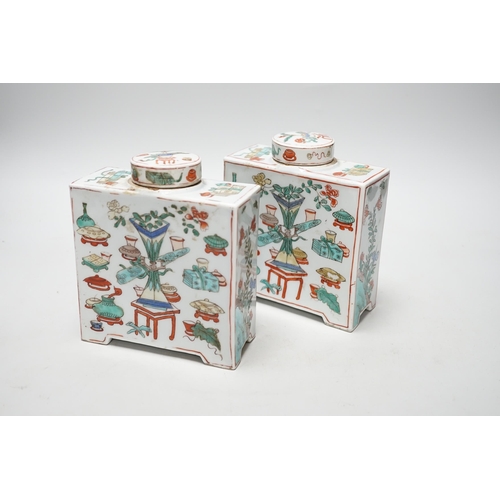 326 - A pair of Chinese famille verte square form caddies and covers, 16cm