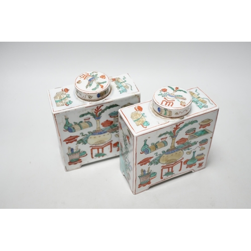 326 - A pair of Chinese famille verte square form caddies and covers, 16cm