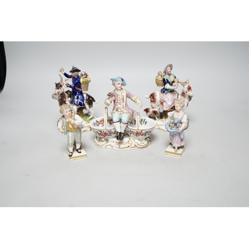 329 - A pair of 19th century Derby figures, a pair of Meissen figures and another, tallest 13cm