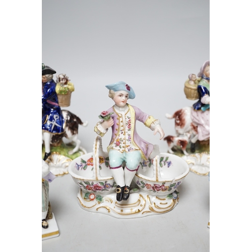 329 - A pair of 19th century Derby figures, a pair of Meissen figures and another, tallest 13cm