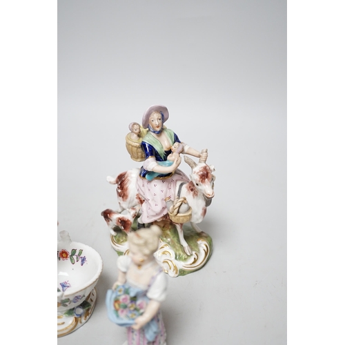 329 - A pair of 19th century Derby figures, a pair of Meissen figures and another, tallest 13cm