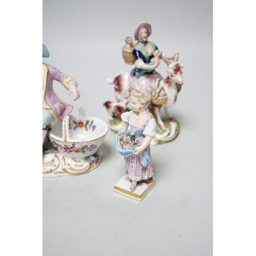 329 - A pair of 19th century Derby figures, a pair of Meissen figures and another, tallest 13cm