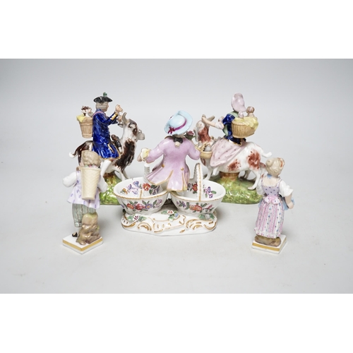 329 - A pair of 19th century Derby figures, a pair of Meissen figures and another, tallest 13cm