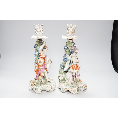 331 - A pair of 18th century Derby figural candlesticks, 29cm